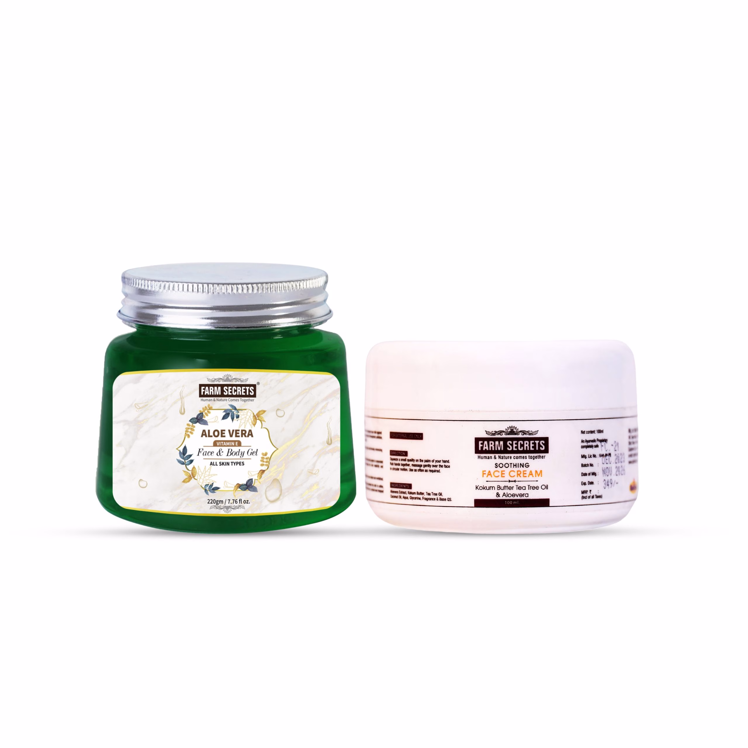 Farm Secrets AloeVera Face and Body Gel 220gm with Soothing Face Cream 100ml – Natural Skincare Combo