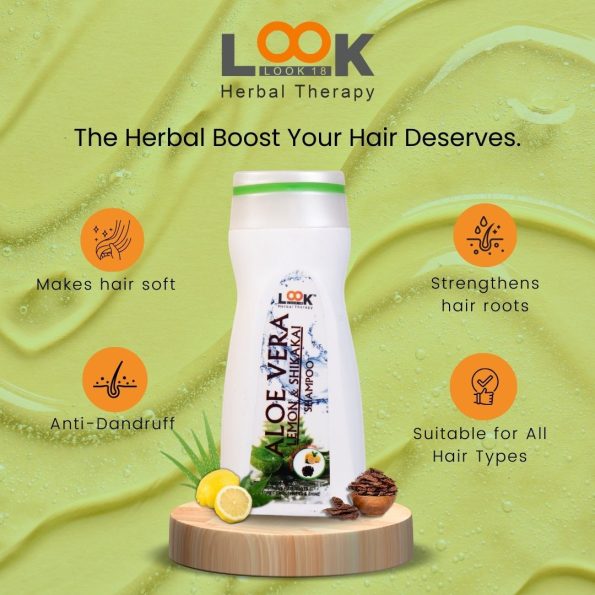 Herbal shampoo with aloe vera, lemon, and shikakai for healthy hair.