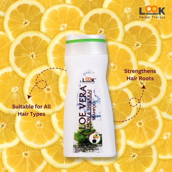 Herbal shampoo with aloe vera, lemon, and shikakai for healthy hair.