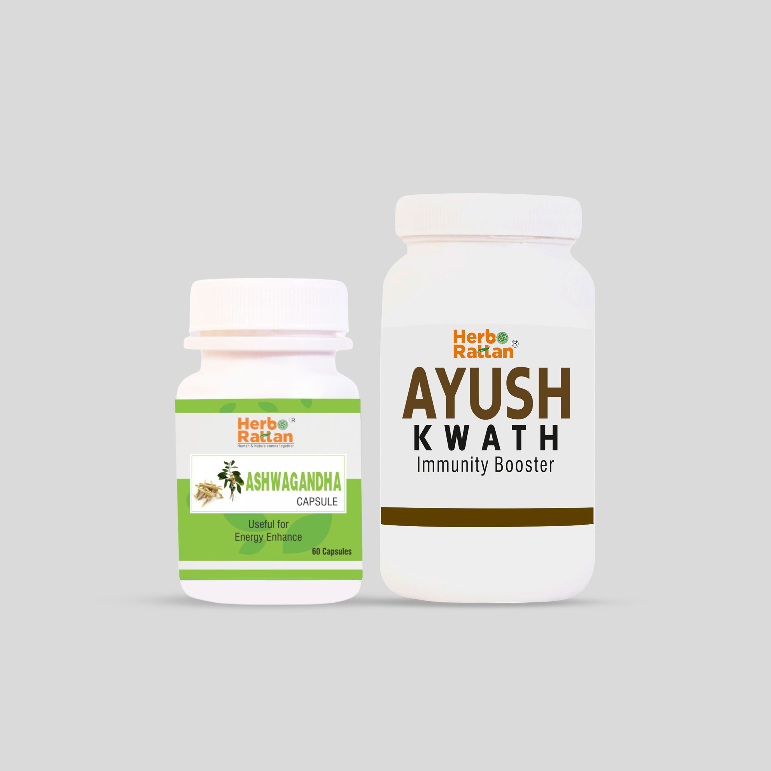 Herbo Rattan Ashwagandha Capsule 60 with Ayush Kwath 100gm – Natural Stress and Immunity Support