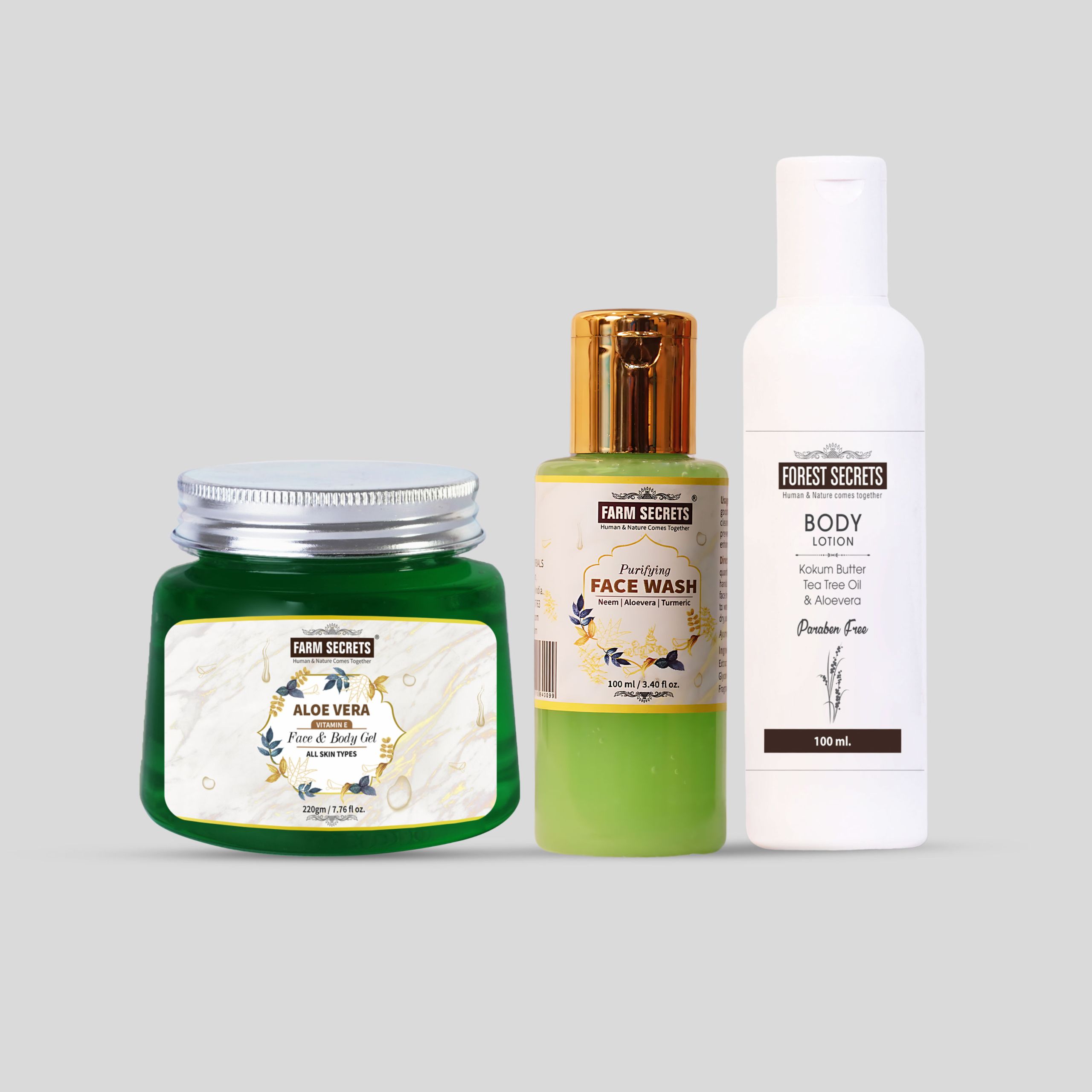 Farm Secrets Aloe Vera Face and Body Gel, Body Lotion, and Purifying Face Wash Combo